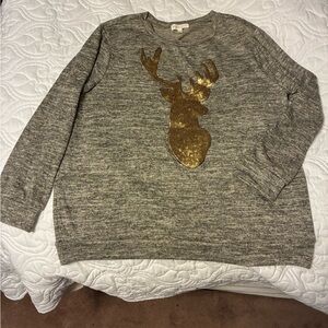 Perfect Peach Women's Gray Sweater with Gold Deer Design